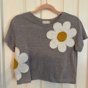 Altar'd State Heather Gray Cropped Tee with White Crochet Detail